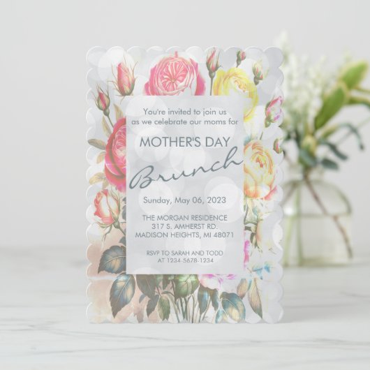 Geel Roze Rozen Bloemen Moederdag Brunch Kaart (Staand voorkant)