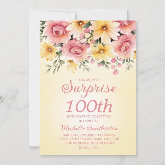 Geel Roze Springtime Floral Surprise 100th Kaart (Voorkant)