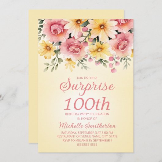 Geel Roze Springtime Floral Surprise 100th Kaart (Voorkant / Achterkant)