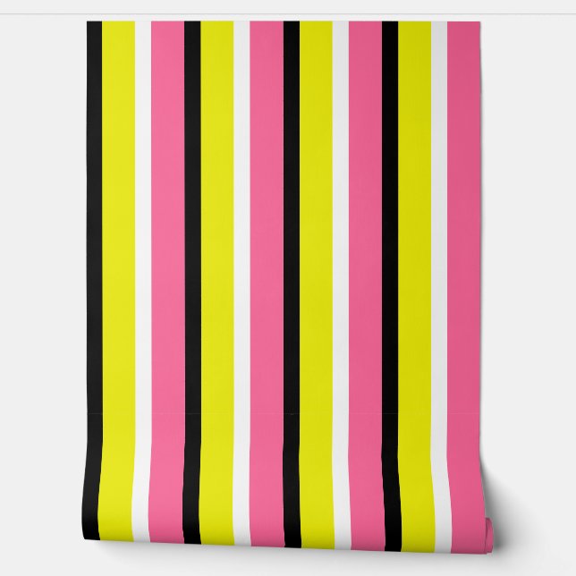 Geel roze strepen patroon behang (Afrollen)