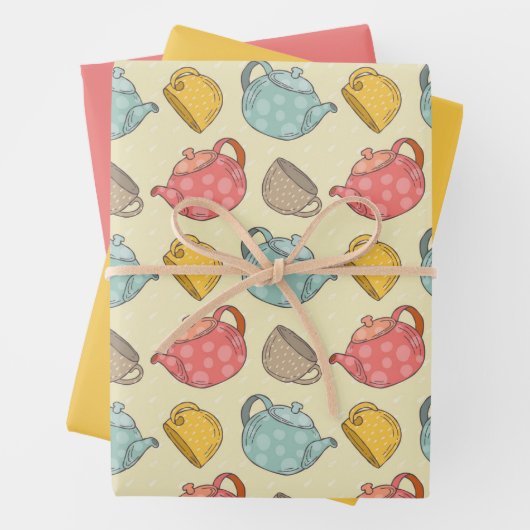 Geel roze theepot en bekerpatroon inpakpapier vel (In situ)