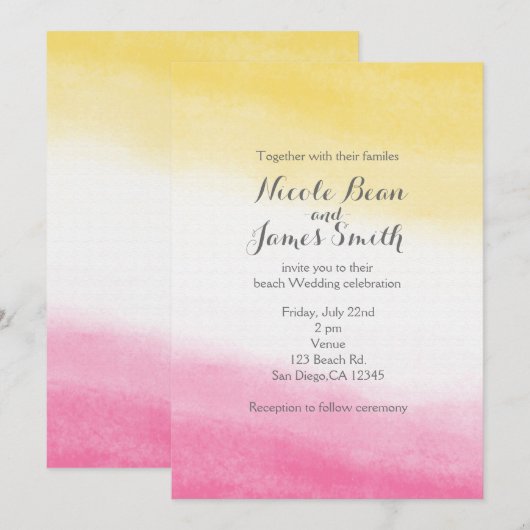 Geel & Roze Waterverf Elegante Bruiloft Kaart (Voorkant / Achterkant)