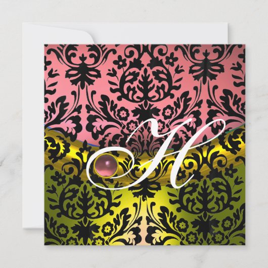 GEEL ROZE ZWARTE DAMAST MONOGRAM Amethist Kaart (Voorkant)