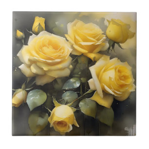 Geel  rozen tuin waterverf schilderij tegeltje
