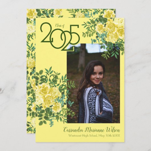 Geel rozengroen Foto Afstuderen Aankondiging (Voorkant / Achterkant)