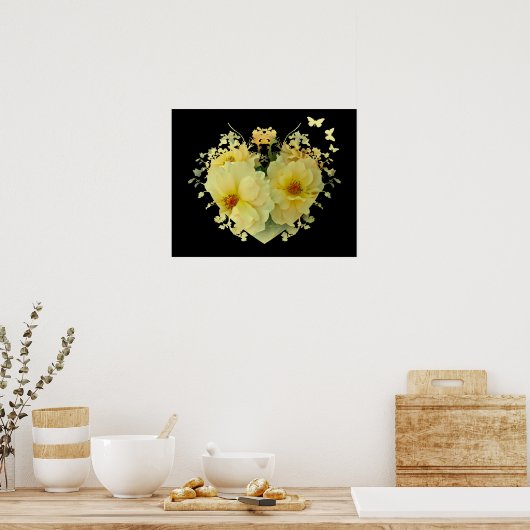 Geel rozenhart op zwart Poster (Keuken)