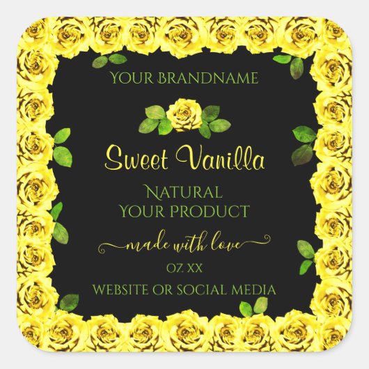 Geel rozenLijst op het etiket van de zwarte verpak (Voorkant)