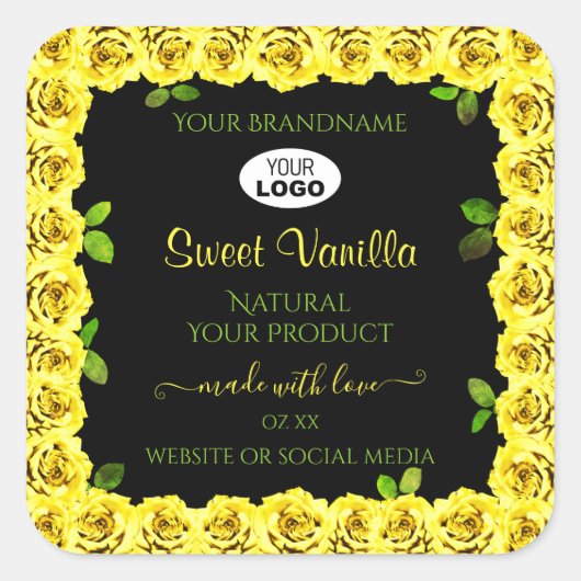 Geel rozenLijst op het zwarte etiket met Logo (Voorkant)