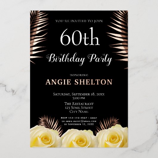 Geel rozenrood Tropische bladeren 60e verjaardag G Folie Uitnodiging (Voorkant)