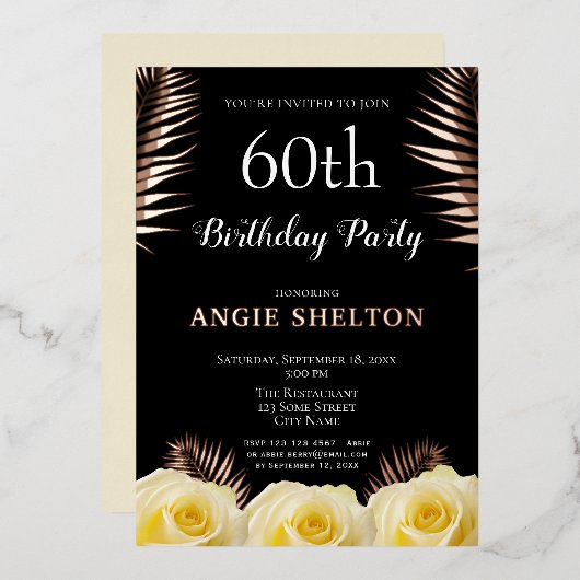 Geel rozenrood Tropische bladeren 60e verjaardag G Folie Uitnodiging (Voorkant / Achterkant)