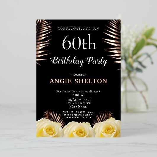 Geel rozenrood Tropische bladeren 60e verjaardag G Folie Uitnodiging (Staand Voorkant)