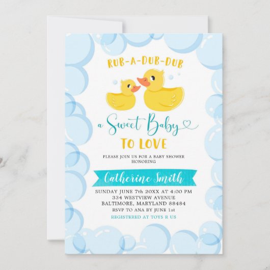 Geel Rubber Duck Bubble Bath Baby shower Invite Kaart (Voorkant)