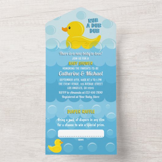 Geel Rubber Duck Rub Een Dub Baby shower All In One Uitnodiging (Binnen)