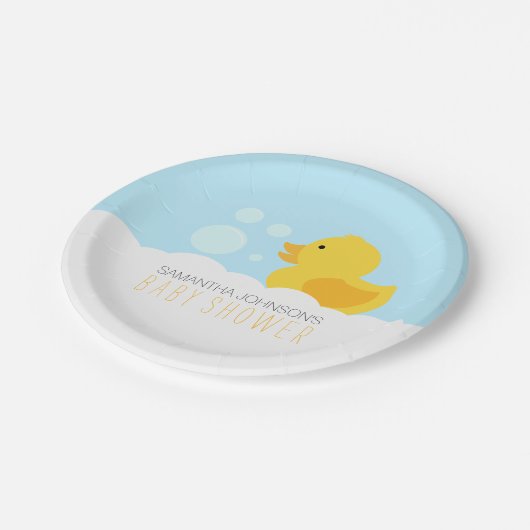 Geel Rubber Ducky Bubble Bath Baby shower Papieren Bordje (Gekanteld)