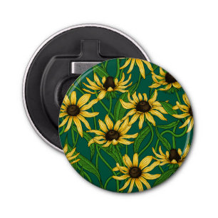 Geel Rudbekia op donkergroen Button Flesopener