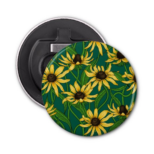 Geel Rudbekia op donkergroen Button Flesopener (Voorkant)