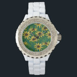 Geel Rudbekia op donkergroen Horloge<br><div class="desc">Handgeschilderd vectorpatroon met gele rudbekia bloemen</div>