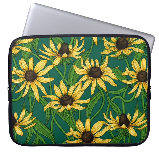 Geel Rudbekia op donkergroen Laptop Sleeve (Voorkant)