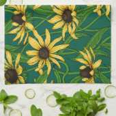 Geel Rudbekia op donkergroen Theedoek (Gevouwen)