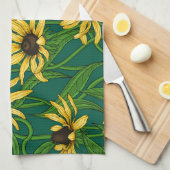 Geel Rudbekia op donkergroen Theedoek (Quarter Fold)