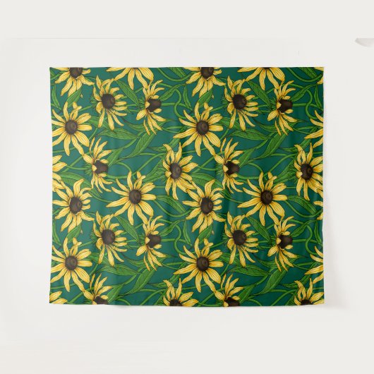 Geel Rudbekia op donkergroen Wandkleed (Voorkant (horizontaal))