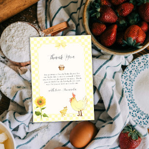 Geel Rustiek Gingham Zonnebloem Kuiken Baby Shower Bedankkaart