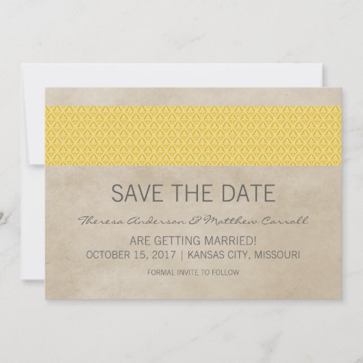 Geel Rustieke Damast Save the Date Uitnodiging (Voorkant)