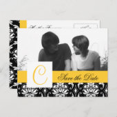 Geel Save the Date Briefkaart Zwart Damask Foto (Voorkant / Achterkant)