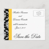 Geel Save the Date Briefkaart Zwart Damask Foto (Achterkant)