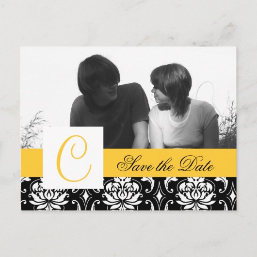 Geel Save the Date Briefkaart Zwart Damask Foto (Voorkant)
