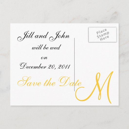 Geel Save the Date Monogram Briefkaarten (Achterkant)
