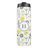 Geel Scandinavisch Bloempatroon Monogram Thermosbeker (Voorkant)