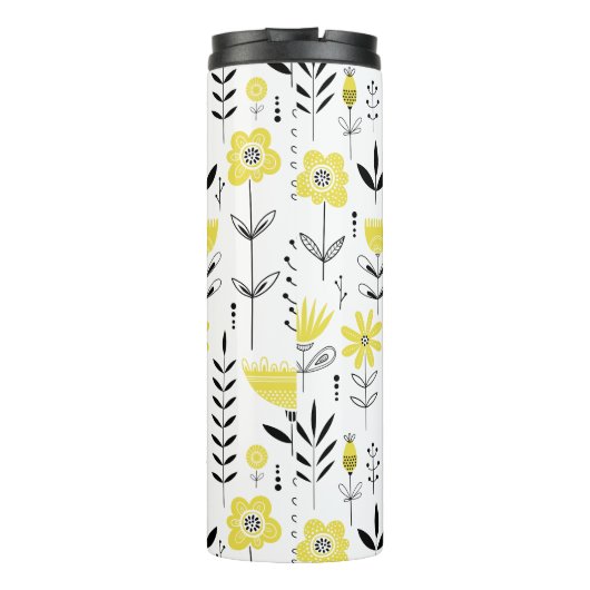 Geel Scandinavisch Bloempatroon Monogram Thermosbeker (Achterkant)