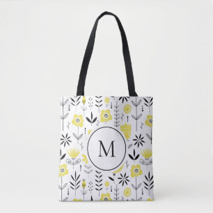 Geel Scandinavisch Bloempatroon Monogram Tote Bag