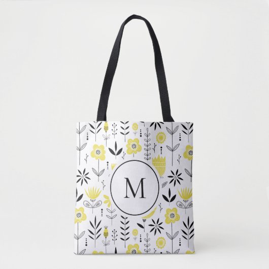 Geel Scandinavisch Bloempatroon Monogram Tote Bag (Voorkant)