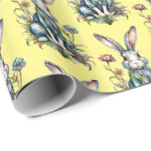 Geel Schattige Waterverf Konijntje Bloemen Pasen Cadeaupapier (Rol Hoek)