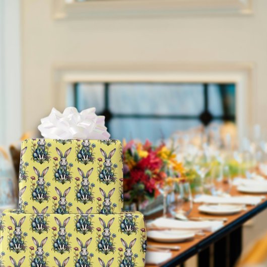 Geel Schattige Waterverf Konijntje Bloemen Pasen Cadeaupapier