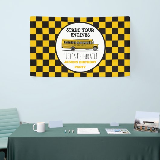 Geel schoolbus stopbord jongens verjaardag spandoek (Beurs)