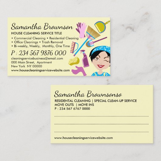 Geel schoonmaken Janitorial Maid Housekeeping Visitekaartje (Voorkant / Achterkant)