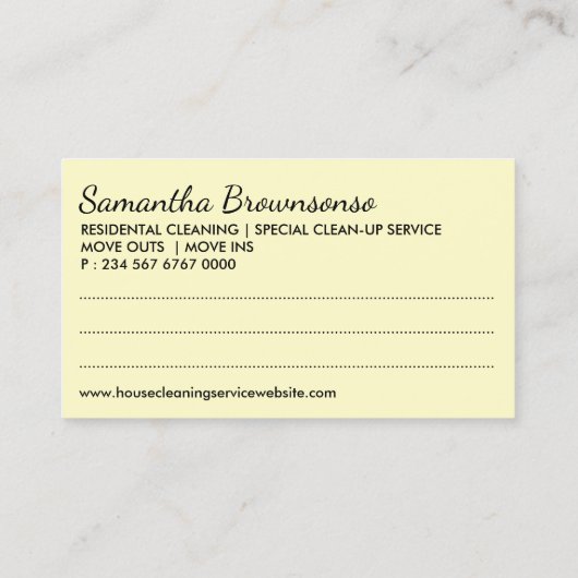 Geel schoonmaken Janitorial Maid Housekeeping Visitekaartje (Achterkant)