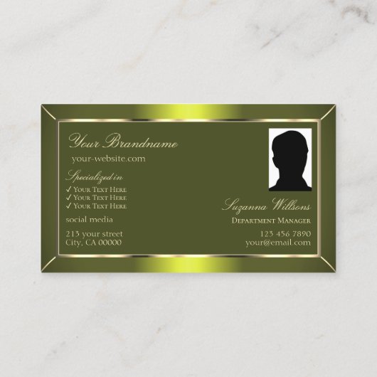 Geel Shimmer Olive Green met Monogram en Foto Visitekaartje (Achterkant)