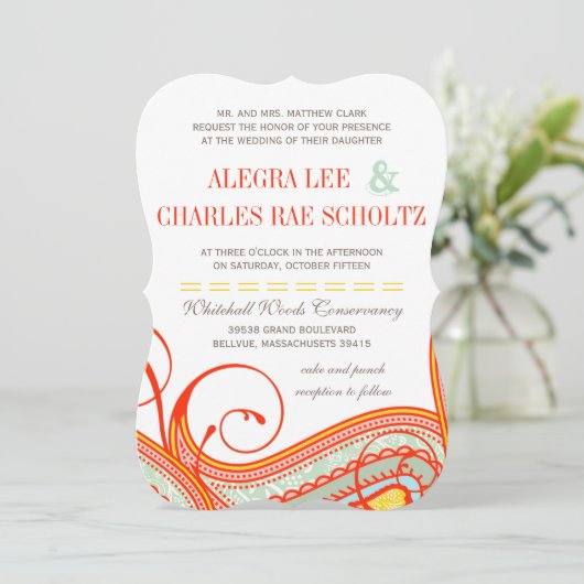 Geel Sinaasappel Aqua Mint Persimmon Paisley Weddi Kaart (Staand voorkant)