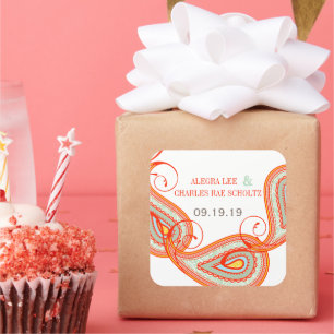 Geel Sinaasappel Aqua Mint Persimmon Paisley Weddi Vierkante Sticker