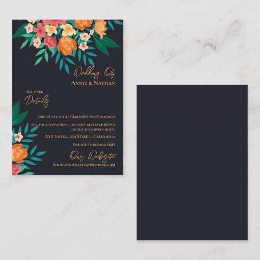 Geel Sinaasappel Bloemen Chic Wedding Details Informatiekaartje (Voorkant / Achterkant)