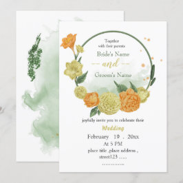 Geel & sinaasappel Bloemen groen krans bruiloft Kaart