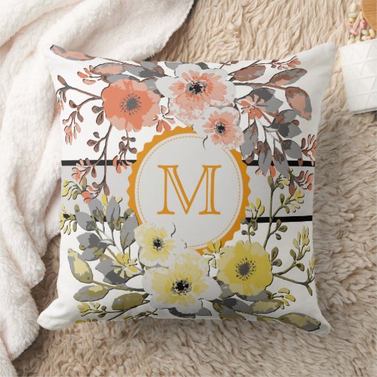 Geel Sinaasappel Bloemen  Monogram Kussen (Deken)