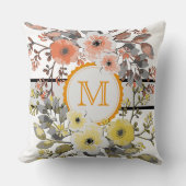 Geel Sinaasappel Bloemen  Monogram Kussen (Voorkant)