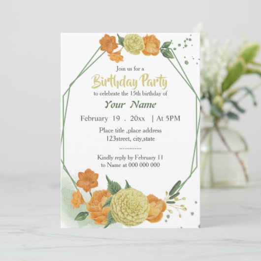 Geel sinaasappel Bloemgroen Geometrisch Verjaardag Kaart (Staand voorkant)