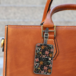 Geel sinaasappel bloemmotief zwart Bagagelabel