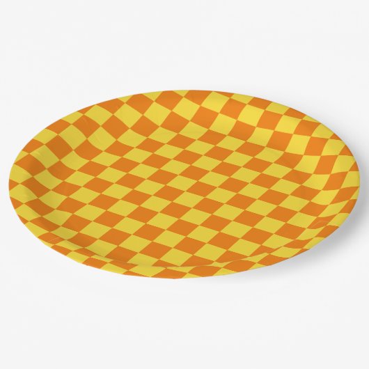 Geel Sinaasappel Checkerboard Checkerboard Checker Papieren Bordje (Gekanteld)